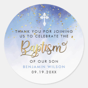 Gold And Blue Baptism Thank You Classic Round Sticker
