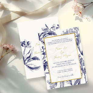 Gold and Blue Botanical Elegant Wedding Invitation