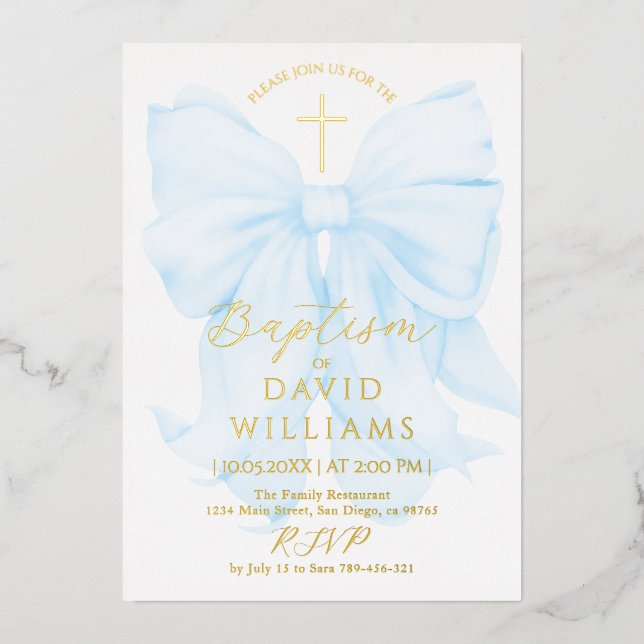 Gold and Blue Bow Boy Baptism Elegant Digital (Front)