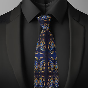 Gold and Blue Butterfly Pattern Tie