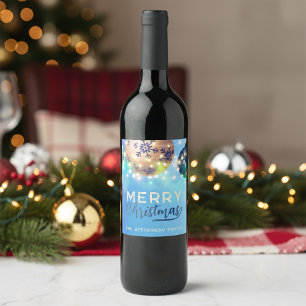 Gold and Blue Christmas Baubles String Lights  Wine Label