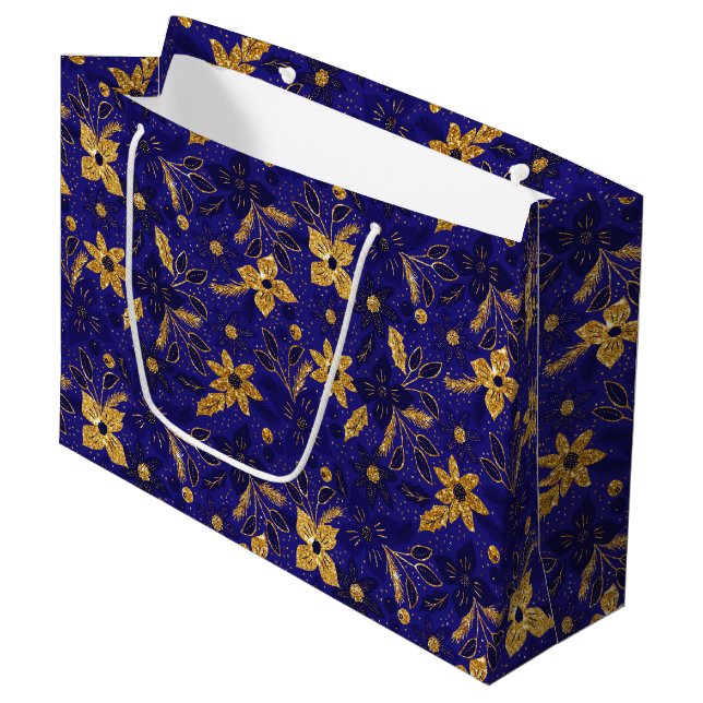 Gold and Blue Christmas Poinsettia Flowers Large Gift Bag (Front Angled)