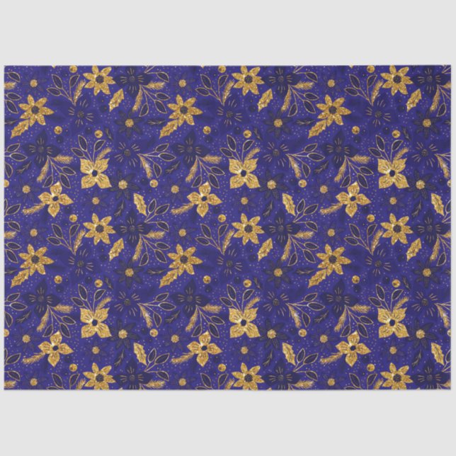 Gold and Blue Christmas Poinsettia Flowers Tissue Paper (Front)