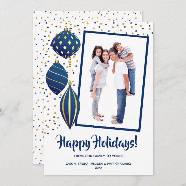 Gold and Blue Christmas Tree Ornaments Photo Holiday Card (Front/Back)