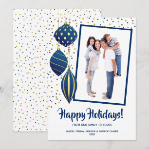 Gold and Blue Christmas Tree Ornaments Photo Holiday Card