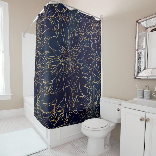 Gold and Blue Dahlia Flower Shower Curtain (In Situ)