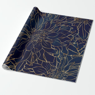 Gold and Blue Dahlia Flower Wrapping Paper
