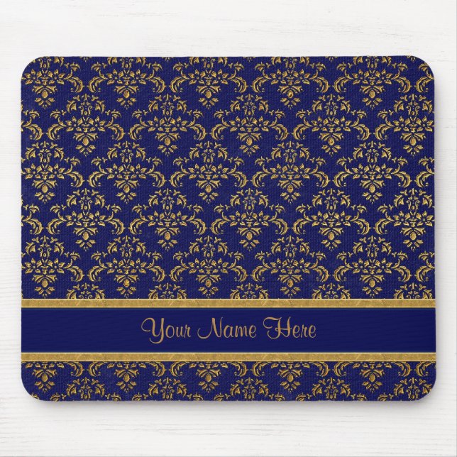 Gold and Blue Damask Mouse Mat (Front)