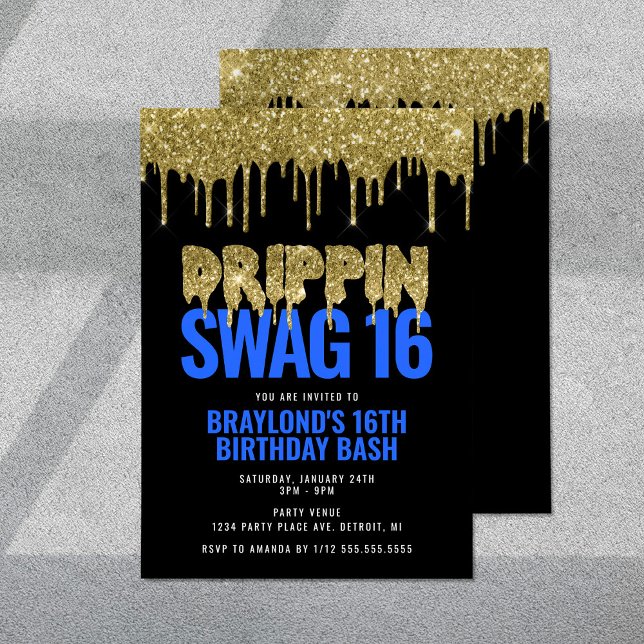 Gold and Blue Drippin Swag 16 Birthday  Invitation (Creator Uploaded)
