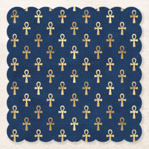 Gold and Blue Egyptian Ankh Pattern  Paper Coaster