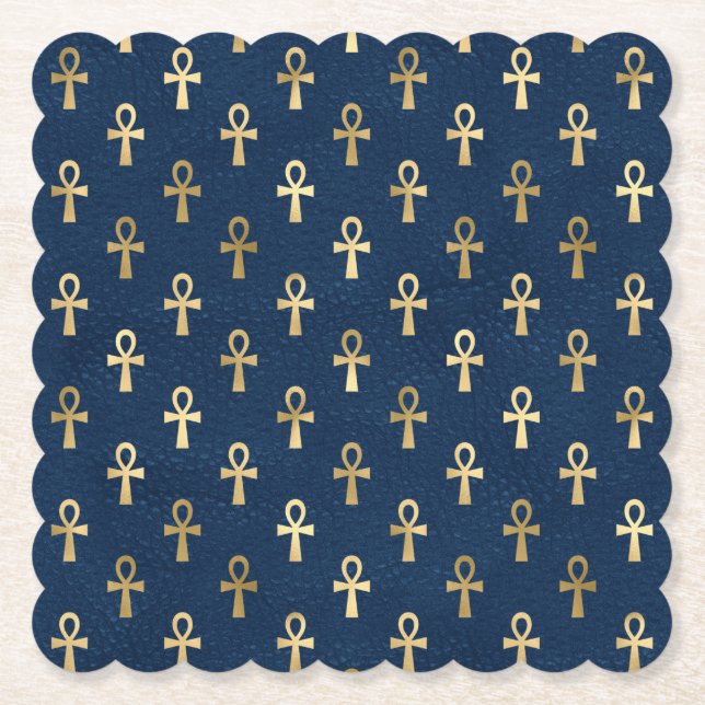 Gold and Blue Egyptian Ankh Pattern  Paper Coaster (Front)