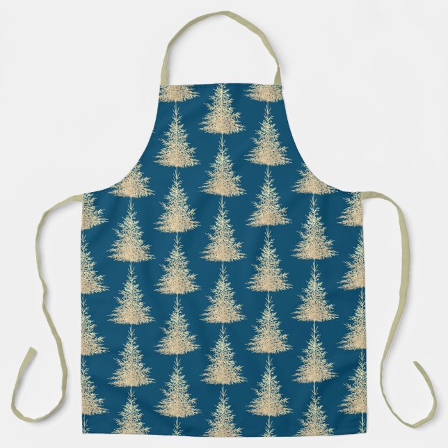 Gold and blue evergreen tree elegant winter apron (Front)