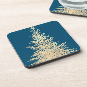Gold and blue evergreen tree elegant winter coaster