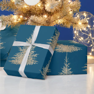 Gold and blue evergreen tree elegant winter wrapping paper