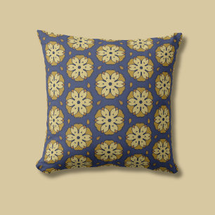 Gold and Blue Floral and Teardrop Pattern Cushion