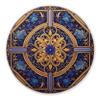 Gold and Blue Floral Ceramic Knob