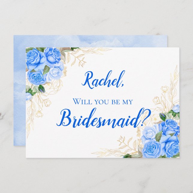 Gold and Blue Floral Roses Bridesmaid Invitation (Front/Back)