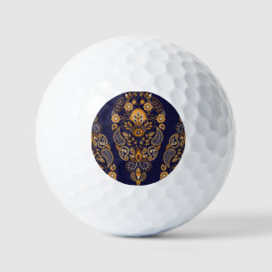 Gold and blue, floral seamless pattern. golf balls