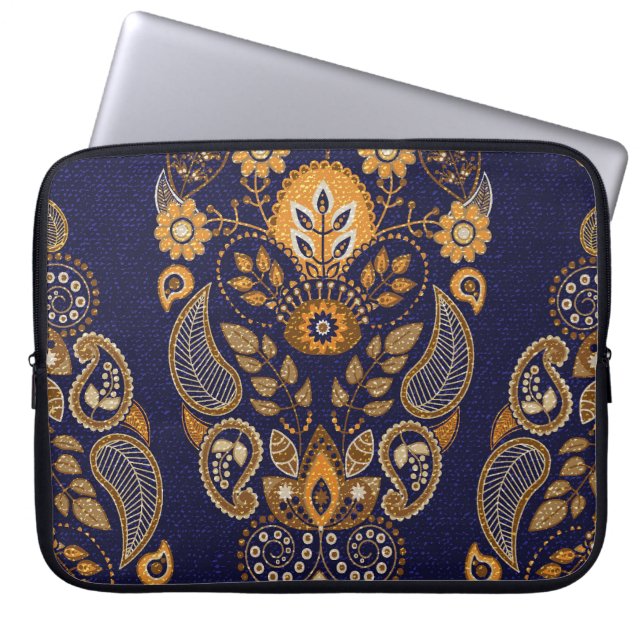 Gold and blue, floral seamless pattern. laptop sleeve (Front)