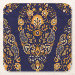 Gold and blue, floral seamless pattern. square paper coaster