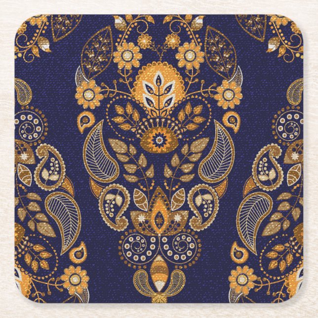 Gold and blue, floral seamless pattern. square paper coaster (Front)