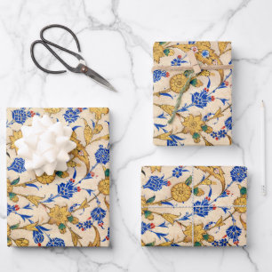 Gold and Blue Floral Vintage Tapestry Wrapping Paper Sheet