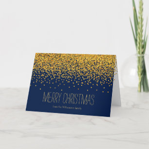 Gold and Blue Glam Confetti Dots Christmas Holiday Card