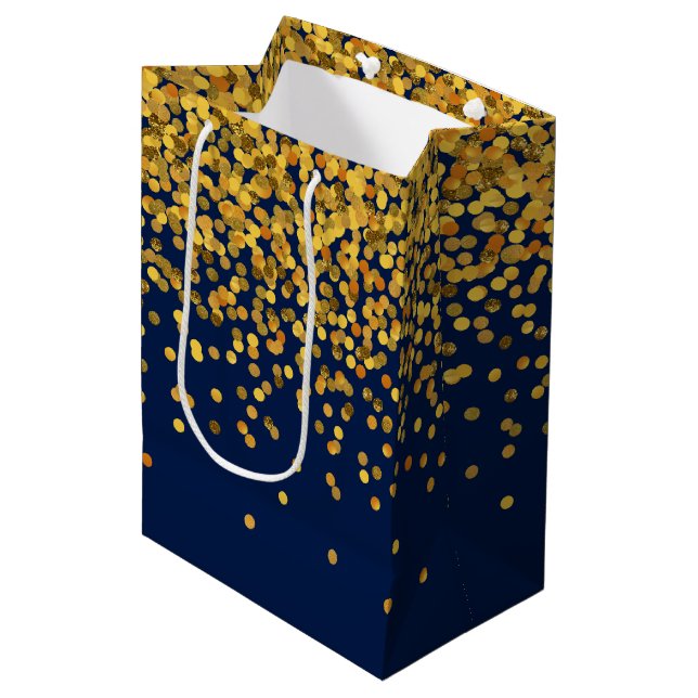 Gold and Blue Glam Confetti Dots Medium Gift Bag (Front Angled)