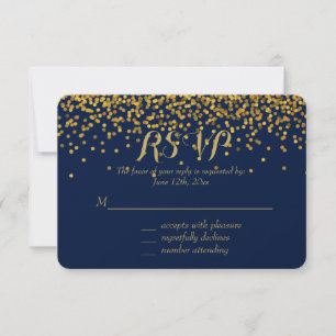 Gold and Blue Glam Confetti Dots RSVP Card
