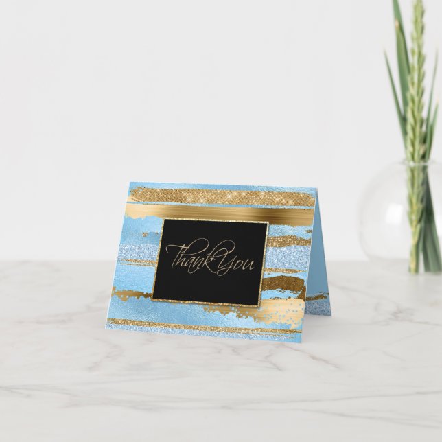 Gold and Blue Glam Thank You Note Card (Front)