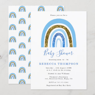 Gold and Blue Glitter Cute Rainbow Baby Shower Invitation