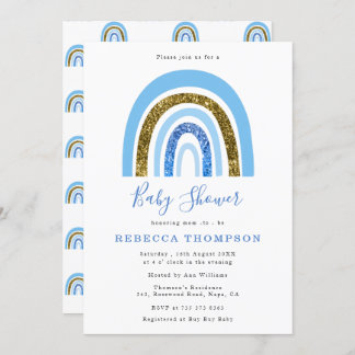 Gold and Blue Glitter Cute Rainbow Baby Shower Invitation