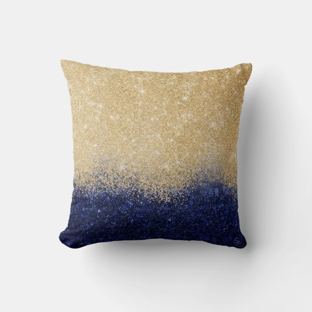 Gold and Blue Glitter Ombre Luxury Design Cushion (Front)