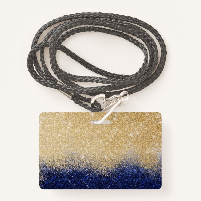 Gold and Blue Glitter Ombre Luxury Design ID Badge (Front with Lanyard)