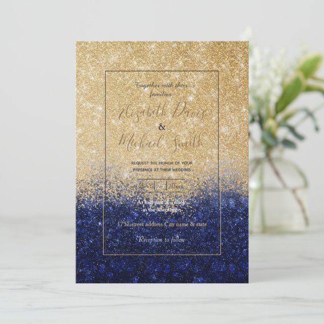 Gold and Blue Glitter Ombre Luxury Design Invitation (Standing Front)