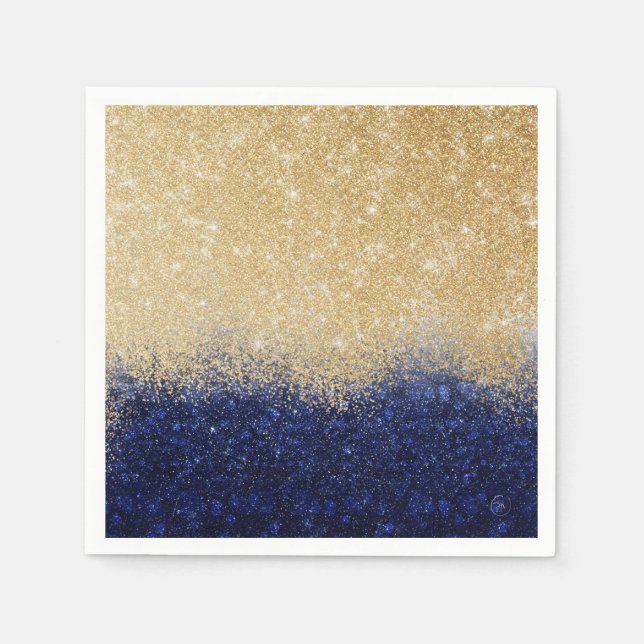Gold and Blue Glitter Ombre Luxury Design Napkin (Front)