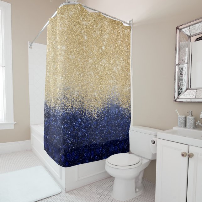 Gold and Blue Glitter Ombre Luxury Design Shower Curtain (In Situ)