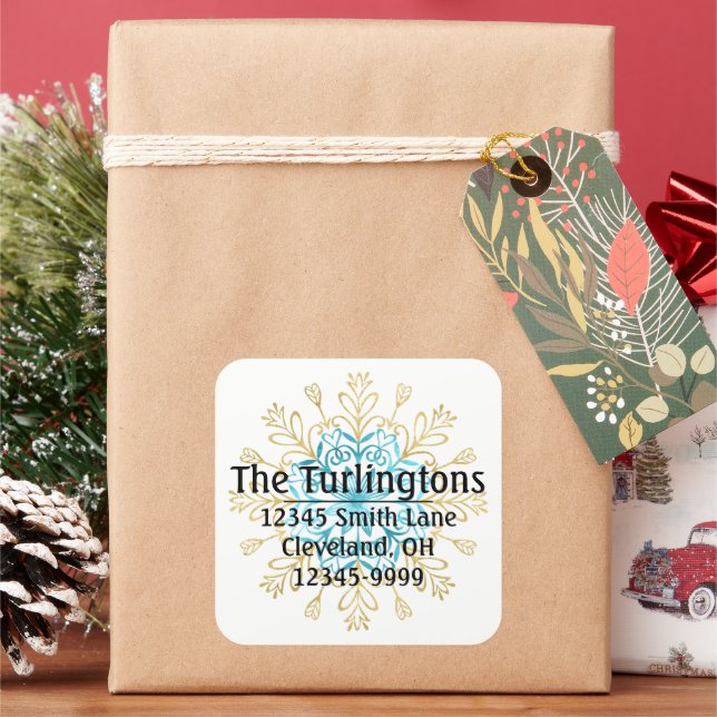 Gold and Blue Handmade Snowflake Return Address Square Sticker (Holiday)