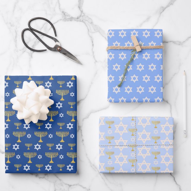 Gold And Blue Hanukkah Holiday Pattern Wrapping Paper Sheet (Front)
