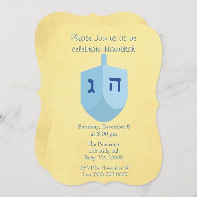 Gold and Blue Hanukkah Party Invitation (Front/Back)