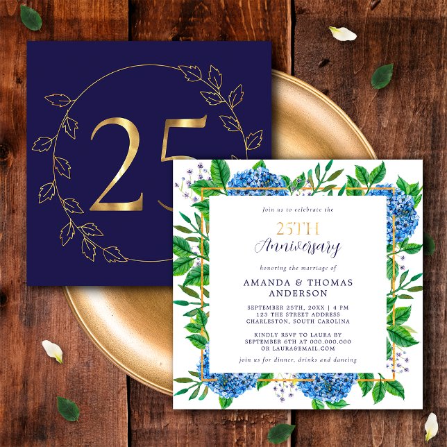 Gold and Blue Hydrangea 25th Wedding Anniversary Invitation (Front / Back)