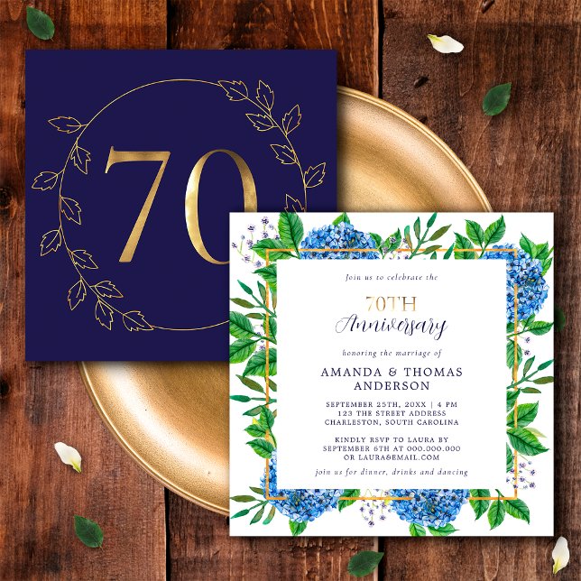 Gold and Blue Hydrangea 70th Wedding Anniversary Invitation (Front / Back)