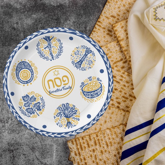 Gold and Blue Jewish Holiday Hebrew Passover  Paper Plate (Creator Uploaded)