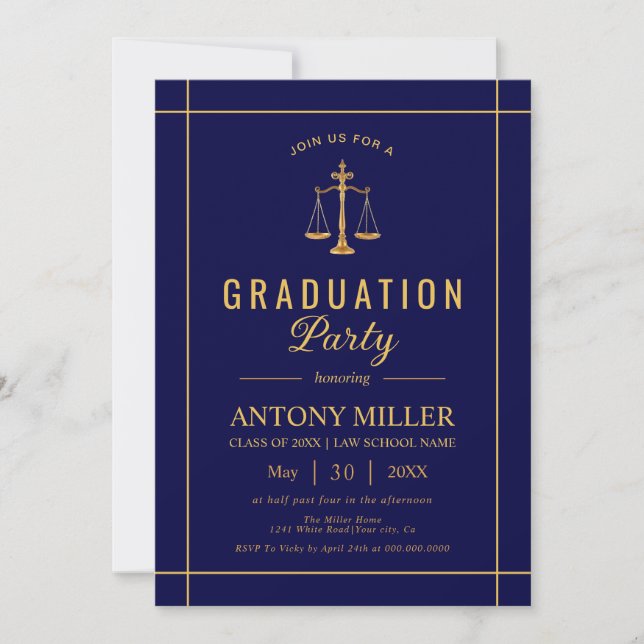 Gold and blue law school graduation Class Of 2025  Invitation (Front)