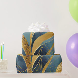 Gold and blue leaves in abstract wrapping paper