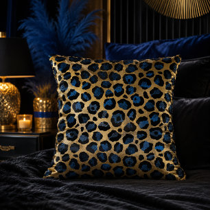 Gold and Blue Leopard Print Animal Pattern Cushion