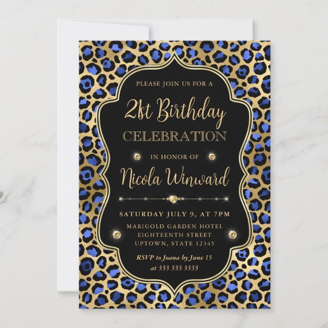 Gold and Blue Leopard Print Birthday Party Invitation (Front)