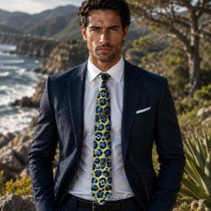 Gold and Blue Leopard Print Tie