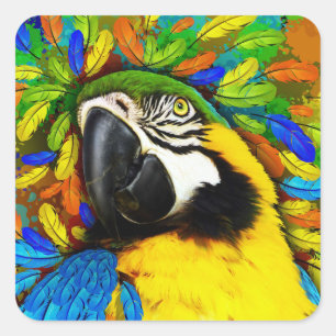 Gold and Blue Macaw Parrot Fantasy Square Stickers