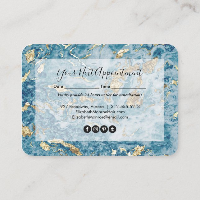 Gold and Blue Marble Hair Stylist Salon Makeup Appointment Card (Back)